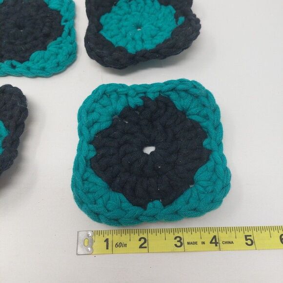 Handmade Crochet Coasters Teal Blue And Black Set Of 4 Square Coasters - Picture 4 of 6